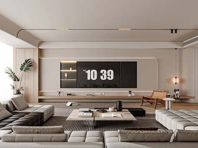Modern Living Room With Large Screen TV Sofas Coffee Table Plant Floor Lamp And Bookshelf 3d model
