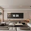 Modern Living Room With Large Screen TV Sofas Coffee Table Plant Floor Lamp And Bookshelf