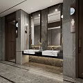 Modern Hotel Bathroom Interior With Marble Walls Double Sinks Large Mirrors And Wooden Accents