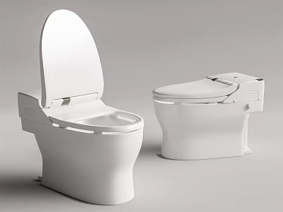Two Modern White Toilets One with Open Lid and One Closed in Bathroom Setting 3d model