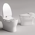 Two Modern White Toilets One with Open Lid and One Closed in Bathroom Setting