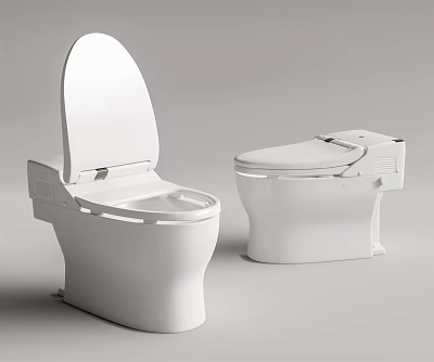 Two Modern White Toilets One with Open Lid and One Closed in Bathroom Setting 3d model