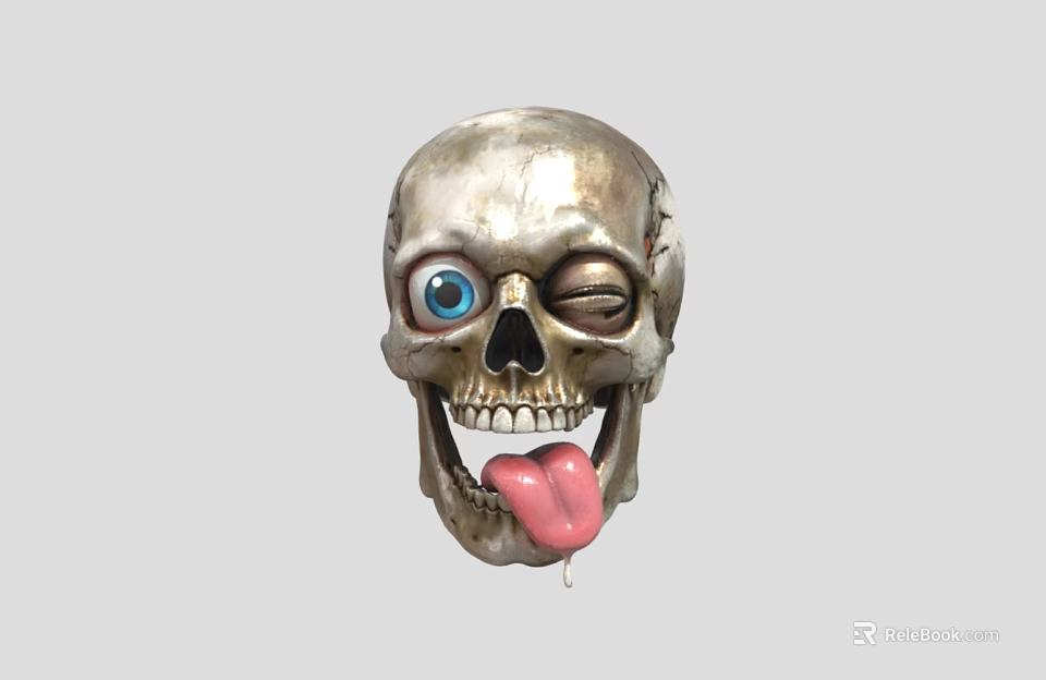 Skull Decorative Ornament Set With Blue Winking Eye And Tongue Sticking Out For Home Decor 3d model 
