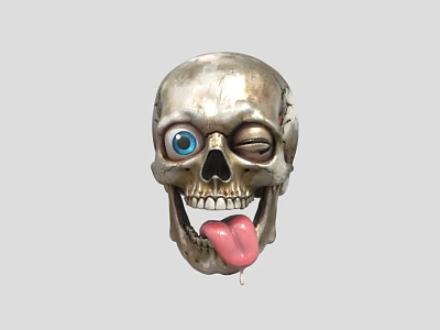 Skull Decorative Ornament Set With Blue Winking Eye And Tongue Sticking Out For Home Decor 3d model