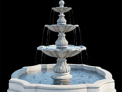 Three Tiered Stone Fountain With Decorative Design And Flowing Water For Garden 3d model