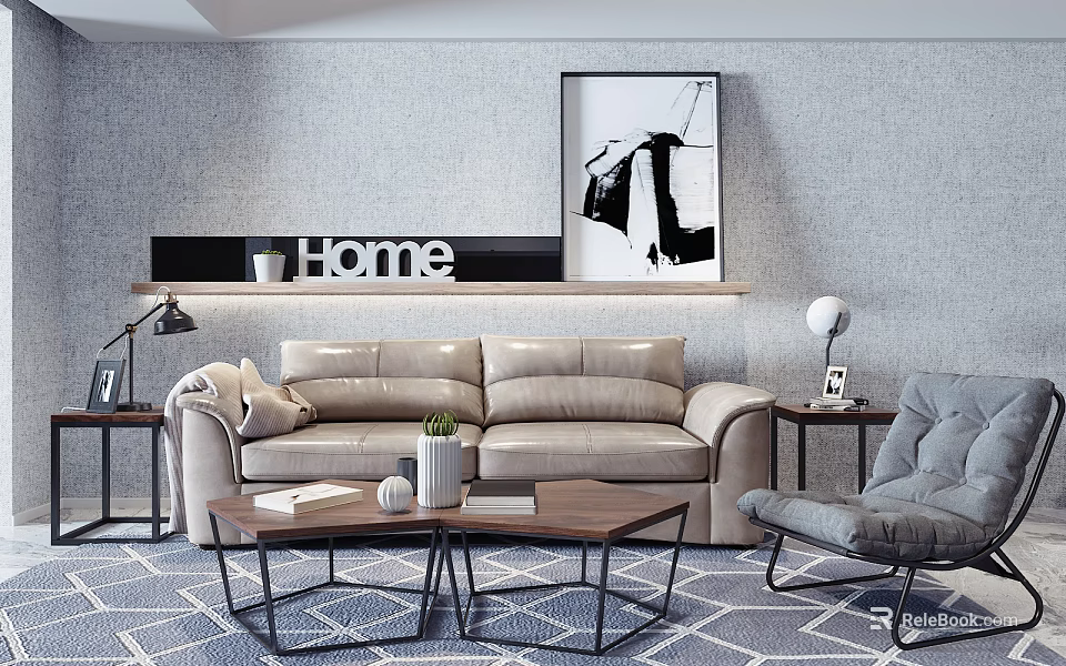 Modern Beige Sofa Coffee Table Combination With Geometric Rug And Decorative Painting 3d model 