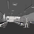 Spacious Modern Laboratory Interior With Long Tables White Walls Hanging Lights And Ventilation Systems
