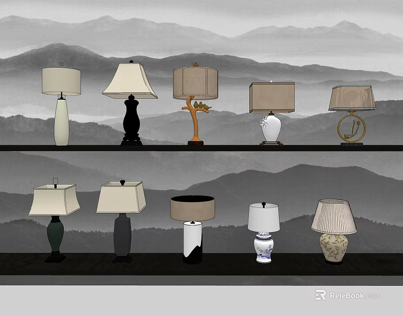 Unique Shaped Table Lamps Collection Display on Shelf with Mountain Scenery 3d model