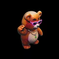 Cute Brown Teddy Bear Doll Wearing Pink Sunglasses with Necklace and Green Pendant Waving Hand