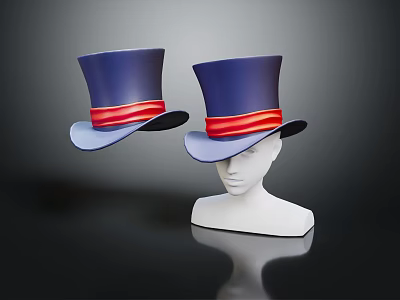Two Blue Top Hats With Red Ribbon On White Mannequin Head In Dark Background 3d model