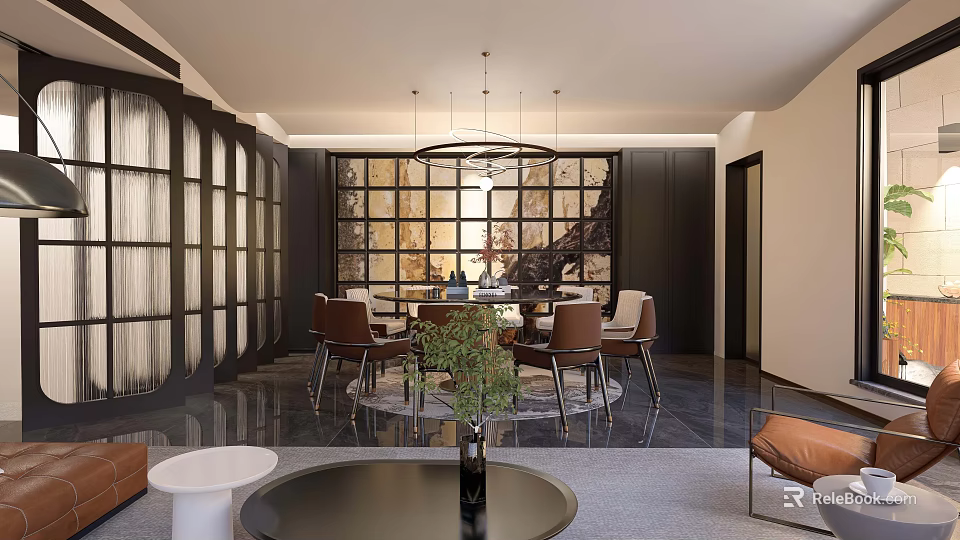 Elegant Private Dining Room Interior With Round Dining Table Chandelier And Green Plant 3d model 