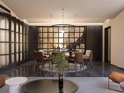Elegant Private Dining Room Interior With Round Dining Table Chandelier And Green Plant 3d model