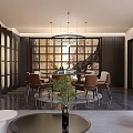 Elegant Private Dining Room Interior With Round Dining Table Chandelier And Green Plant