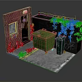 Urban Brick Building Exterior With Red Wall Door Green Trash Bins Graffiti And Climbing Plants