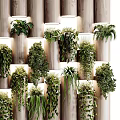 Vertical Green Wall With Lush Hanging Plants On Wooden Columns And Soft Lighting