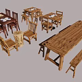 Rustic Wooden Dining Table Sets With Benches And Chairs For Home Dining Room 3d model