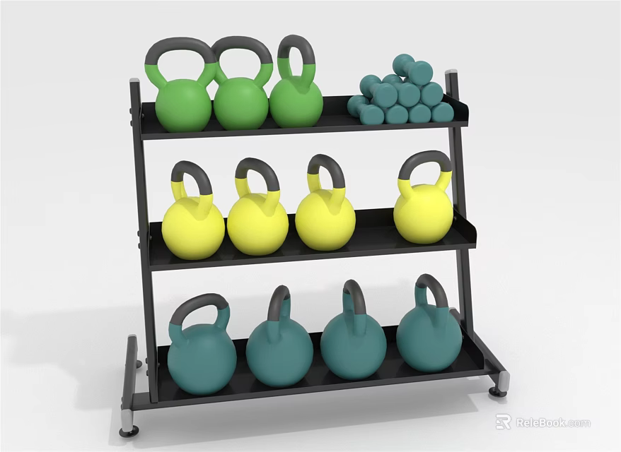 Fitness Equipment Storage Rack with Green Yellow Blue Kettlebells and Dumbbells Three Tiered Mobile Design 3d model 