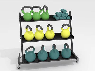 Fitness Equipment Storage Rack with Green Yellow Blue Kettlebells and Dumbbells Three Tiered Mobile Design 3d model