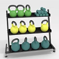 Fitness Equipment Storage Rack with Green Yellow Blue Kettlebells and Dumbbells Three Tiered Mobile Design