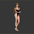 Woman With Long Blonde Hair And Pink Eyes Wearing Black One-Piece Swimsuit Standing Barefoot