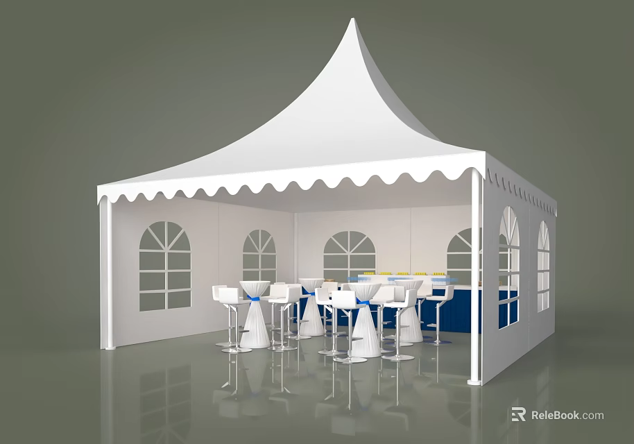 White Scalloped Edge Tent With Pointed Roof Arched Windows And Tables Chairs 3d model 