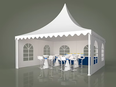White Scalloped Edge Tent With Pointed Roof Arched Windows And Tables Chairs 3d model