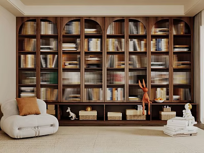 Well Organized Large Bookcase With Stacked Books Decorative Items And Sofa In Cozy Room 3d model