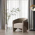 Gray Curtain and White Sheer Window Treatment with Beige Chair Floor Lamp and Green Plant