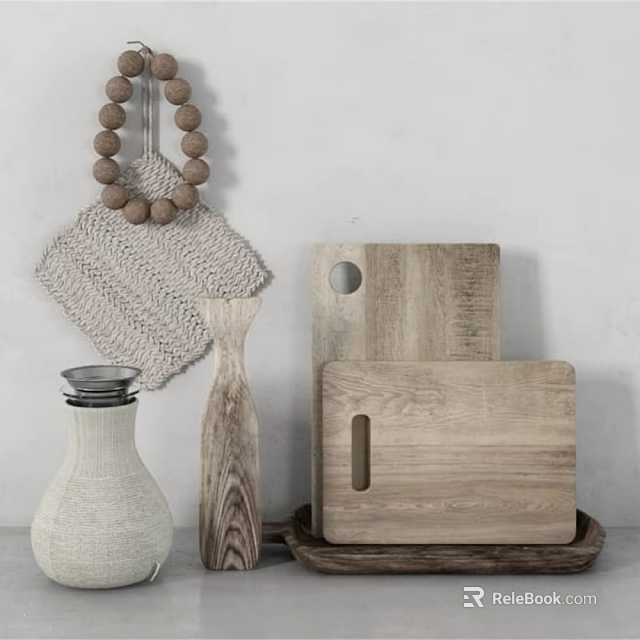 Rustic Decorative Ornament Set With Wooden Bead Garland Crocheted Square White Vase And Wooden Boards 3d model 
