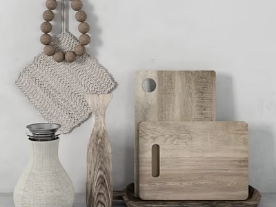 Rustic Decorative Ornament Set With Wooden Bead Garland Crocheted Square White Vase And Wooden Boards 3d model