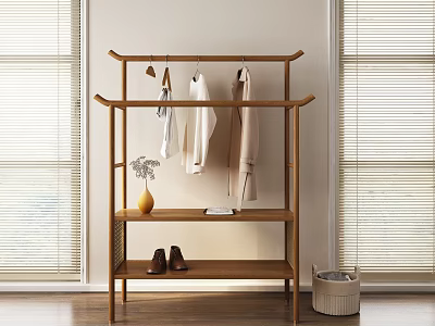 Wooden Multi Tiered Clothes Rack With Hanging Clothes Vase Shoes And Window Blinds 3d model