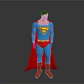 Male Superhero in Blue Costume with Red S Symbol Red Cape and Boots Standing on Gray Background