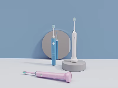 Modern Electric Toothbrushes For Daily Cleaning With Blue White Pink Designs On Display Stand 3d model