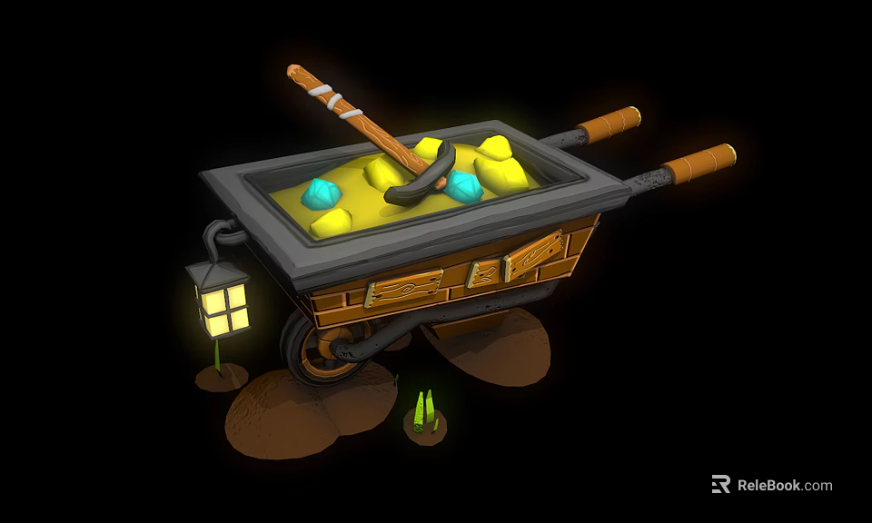 Underground Mining Wheelbarrow With Yellow Stones Blue Gem Pickaxe Lit Lantern And Small Green Plants 3d model 