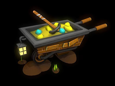 Underground Mining Wheelbarrow With Yellow Stones Blue Gem Pickaxe Lit Lantern And Small Green Plants 3d model