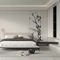 Modern Bedroom Interior Design With Minimalist Bed Ink Painting Wall Art And Green Accent Chair