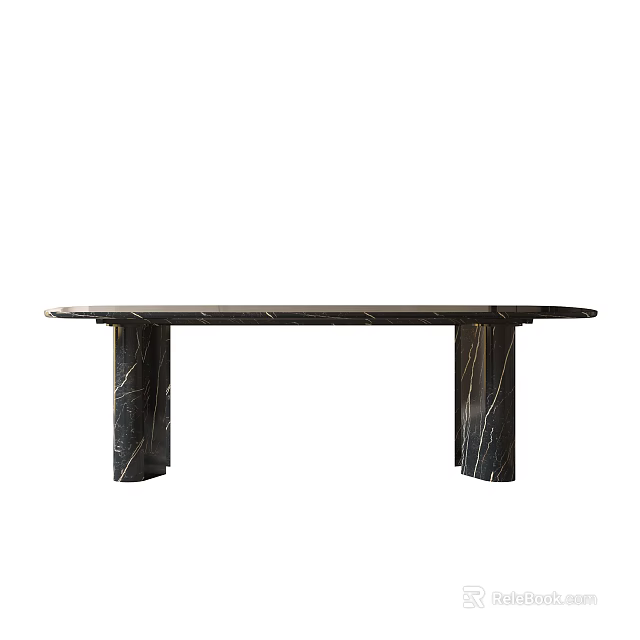 Modern Black Marble Dining Table With Rectangular Top And Geometric Leg Structure Design 3d model