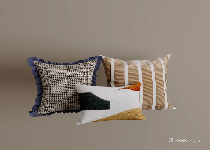 Modern Decorative Pillows With Textured Surfaces Fringed Edges And Striped Patterns 3d model 