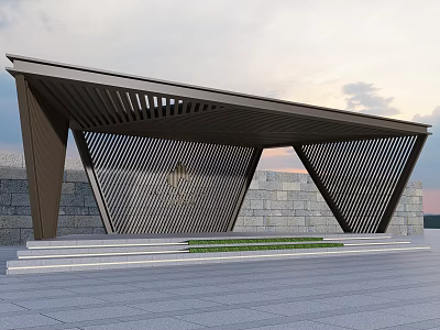 Modern Architectural Structure With Geometric Canopy Lattice Design And Stone Wall Background Steps 3d model