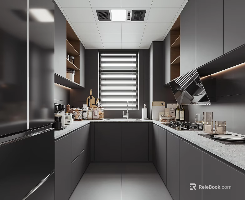 Elegant Modern Kitchen Interior With Gray Cabinets Island Quartz Countertop And Appliances 3d model 