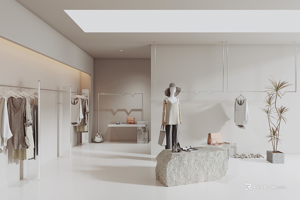 Modern Minimalist Clothing Store Interior With Hanging Clothes Mannequin And Display Stand 3d model 