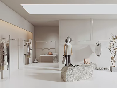 Modern Minimalist Clothing Store Interior With Hanging Clothes Mannequin And Display Stand 3d model