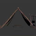 Rustic Canvas Tent With Wooden Frame And Campfire Setup With Hanging Pot And Stones