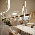 Modern Restaurant Interior Design With Round Ceiling Lights White Tables Beige Chairs And Palm Tree