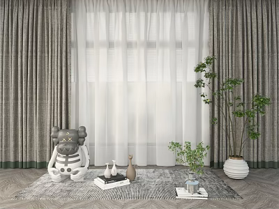 Modern Grey Curtains With White Sheer Layers And Green Plants In Cozy Interior 3d model