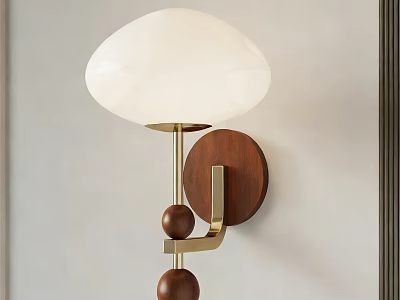 Modern Style Wall Lamp Featuring White Lampshade Golden Metal and Wooden Base with Spherical Decorations 3d model