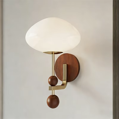Modern Style Wall Lamp Featuring White Lampshade Golden Metal and Wooden Base with Spherical Decorations 3d model