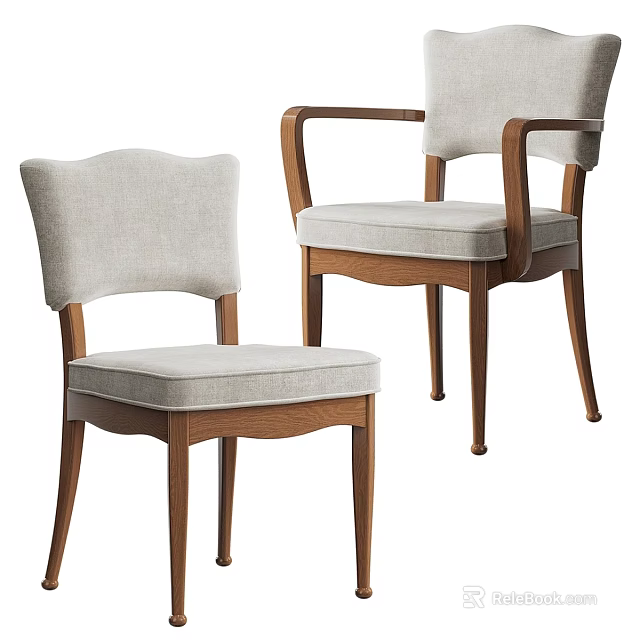 Modern Wooden Armchair And Side Chair With Light Gray Fabric Upholstery And Curved Legs 3d model 