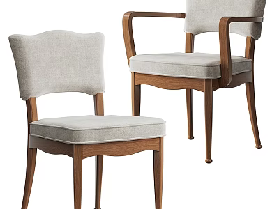 Modern Wooden Armchair And Side Chair With Light Gray Fabric Upholstery And Curved Legs 3d model