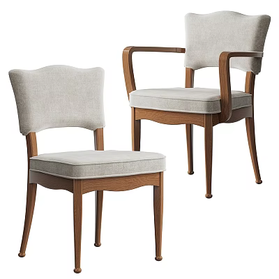 Modern Wooden Armchair And Side Chair With Light Gray Fabric Upholstery And Curved Legs 3d model